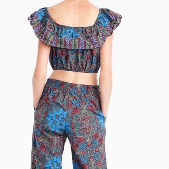 J. CREW Paisley Print Ruffle Crop Top Blue Red Women’s Size Small H2346 - Picture 3 of 8